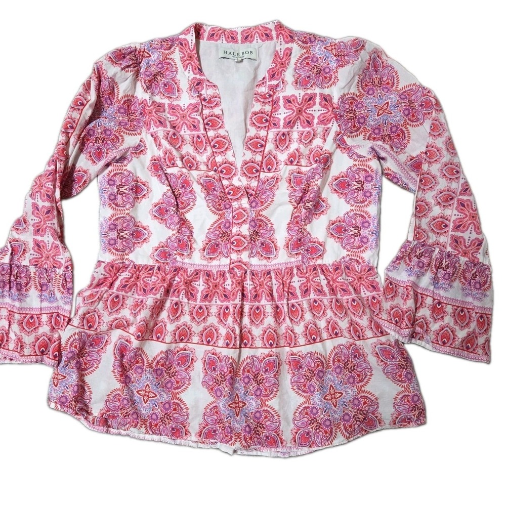 Hale Bob Leela Voile Blouse Shirred Peplum VNeck Bell Sleeve Pink Paisley Size S